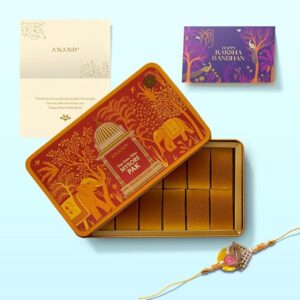 Anand Sweets Mysore Pak Celebration Tin 500g with Rakhi & Greeting Card Combo | Traditional Indian Festival Sweets Gift Hamper | Mithai Box for Raksha Bandhan | Gift for Brother, Family & Friends