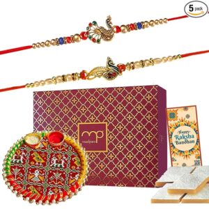 Maalpani Rakhi with Sweets Gift Box – Designer Rakhi for Brother with Roli Chawal & Greeting Card – Raksha Bandhan Gift Hamper for Bhai (D2068s) Dryfruit -Bites-katali Sweet